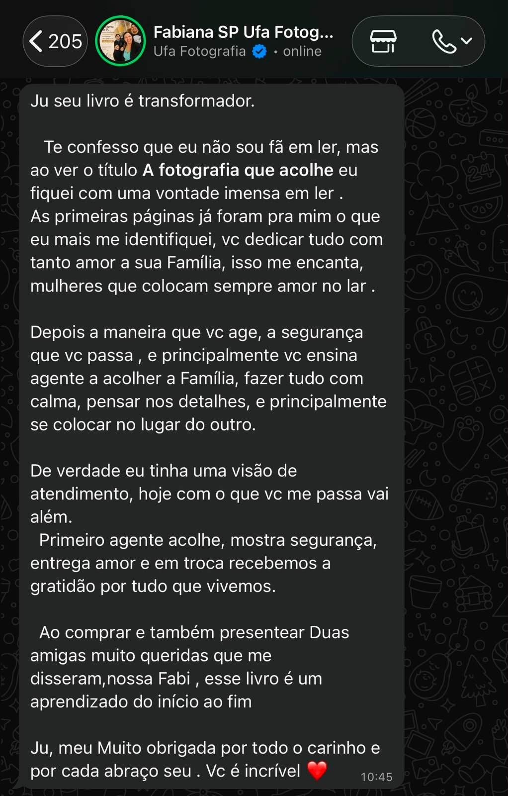 Mensagem de Fabiana, da Ufa Fotografia, sobre o livro A fotografia que acolhe
